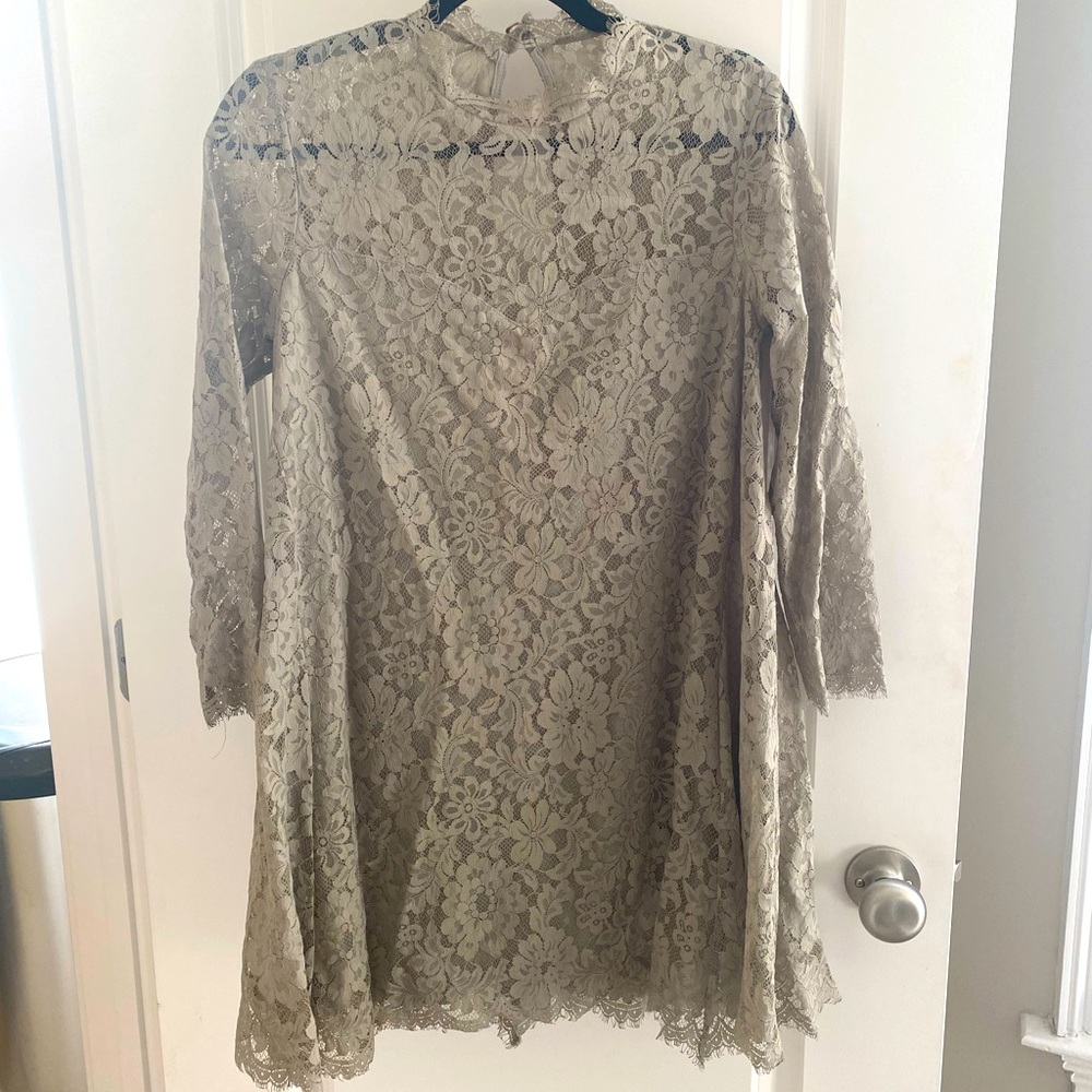 Gray show me your Mumu lace dress. See through lace on sleeves and chest.